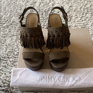 Jimmy Choo Nya Suede Fringe Wedge Sandal. Size 37.